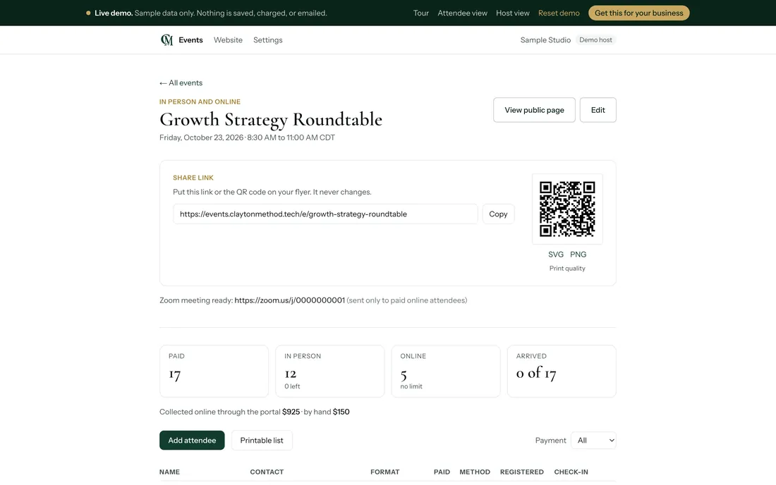 Host dashboard showing an event roster with check-in, share link, and QR code